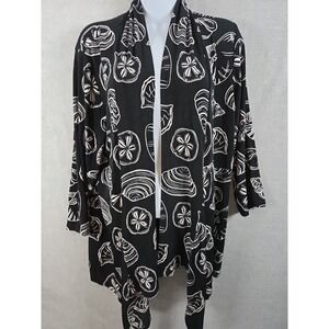 CHICOS Travelers 2 Size L SEASHELLS Sandollar Open Cardigan Asymmetric Black